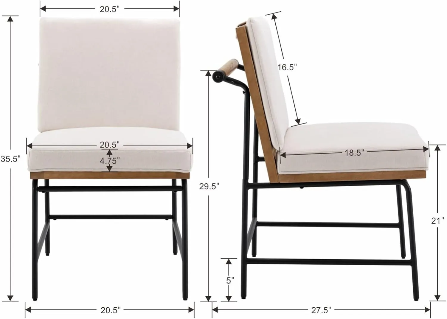 Modern Dining Chairs Set of 6, Comfy Linen Fabric Armless Side Chairs with Backrest Wooden Upholstered Seat Black Metal Legs for Dining Room Living Room, White
