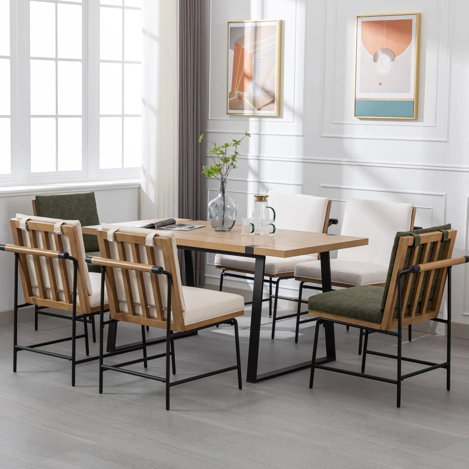 Modern Dining Chairs Set of 6, Comfy Linen Fabric Armless Side Chairs with Backrest Wooden Upholstered Seat Black Metal Legs for Dining Room Living Room, White