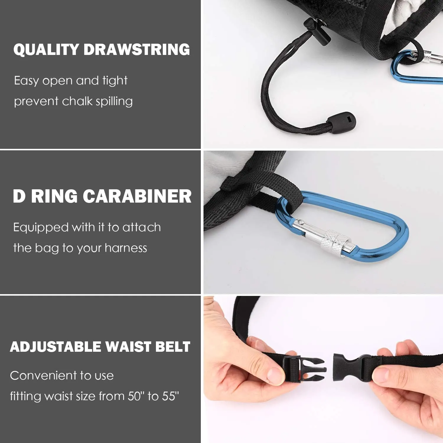 MoKo Rock Climbing Chalk Bag, Bouldering Chalk Pot Bucket with Adjustable Belt & Carabiner Drawstring Climbing Gear