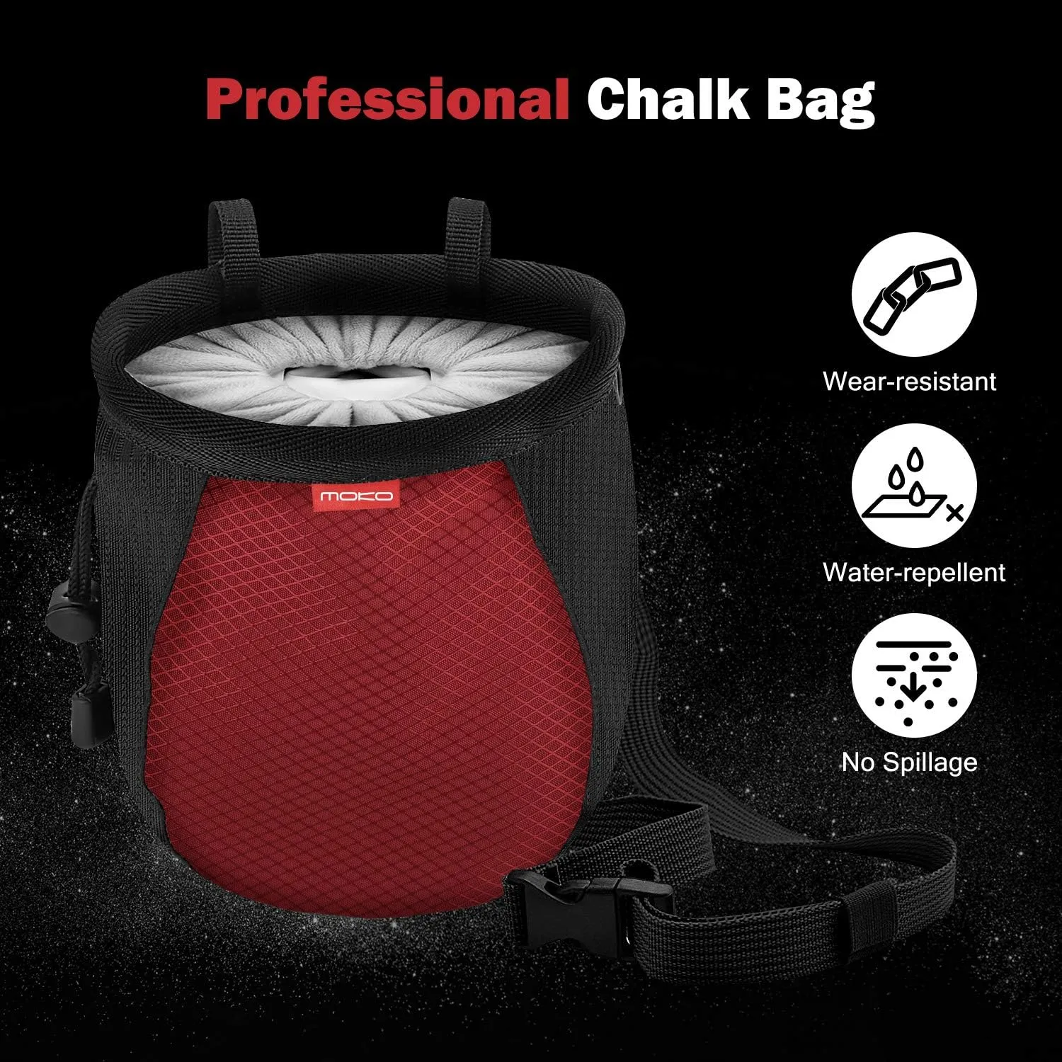 MoKo Rock Climbing Chalk Bag, Bouldering Chalk Pot Bucket with Adjustable Belt & Carabiner Drawstring Climbing Gear