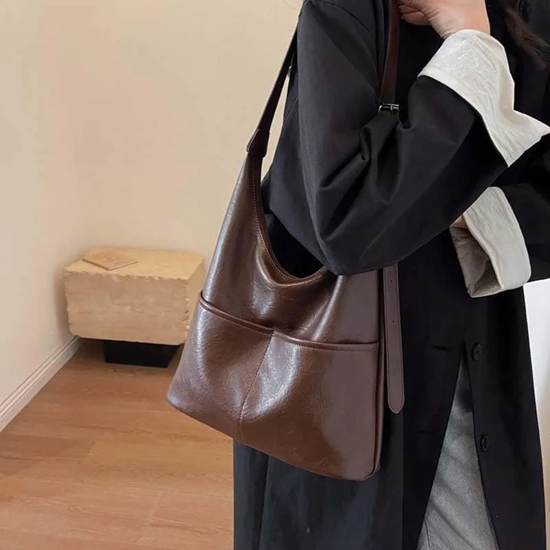 Molodo PU Leather Tote Bag for Women Slouchy Hobo Bag Casual Shoulder Bag Crossbody Bag Retro Soft Tote Handbag Purses