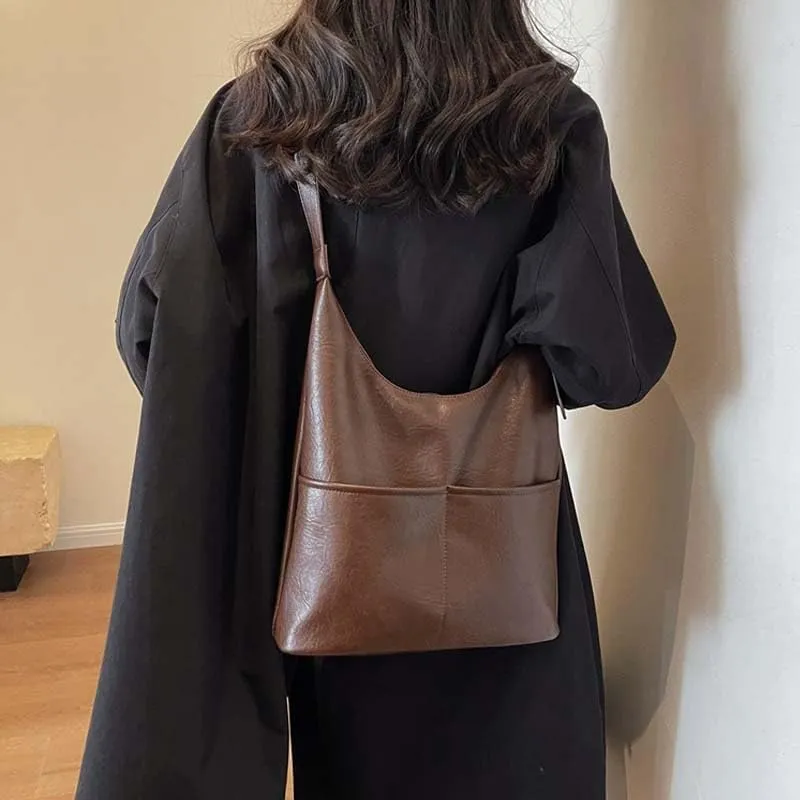 Molodo PU Leather Tote Bag for Women Slouchy Hobo Bag Casual Shoulder Bag Crossbody Bag Retro Soft Tote Handbag Purses