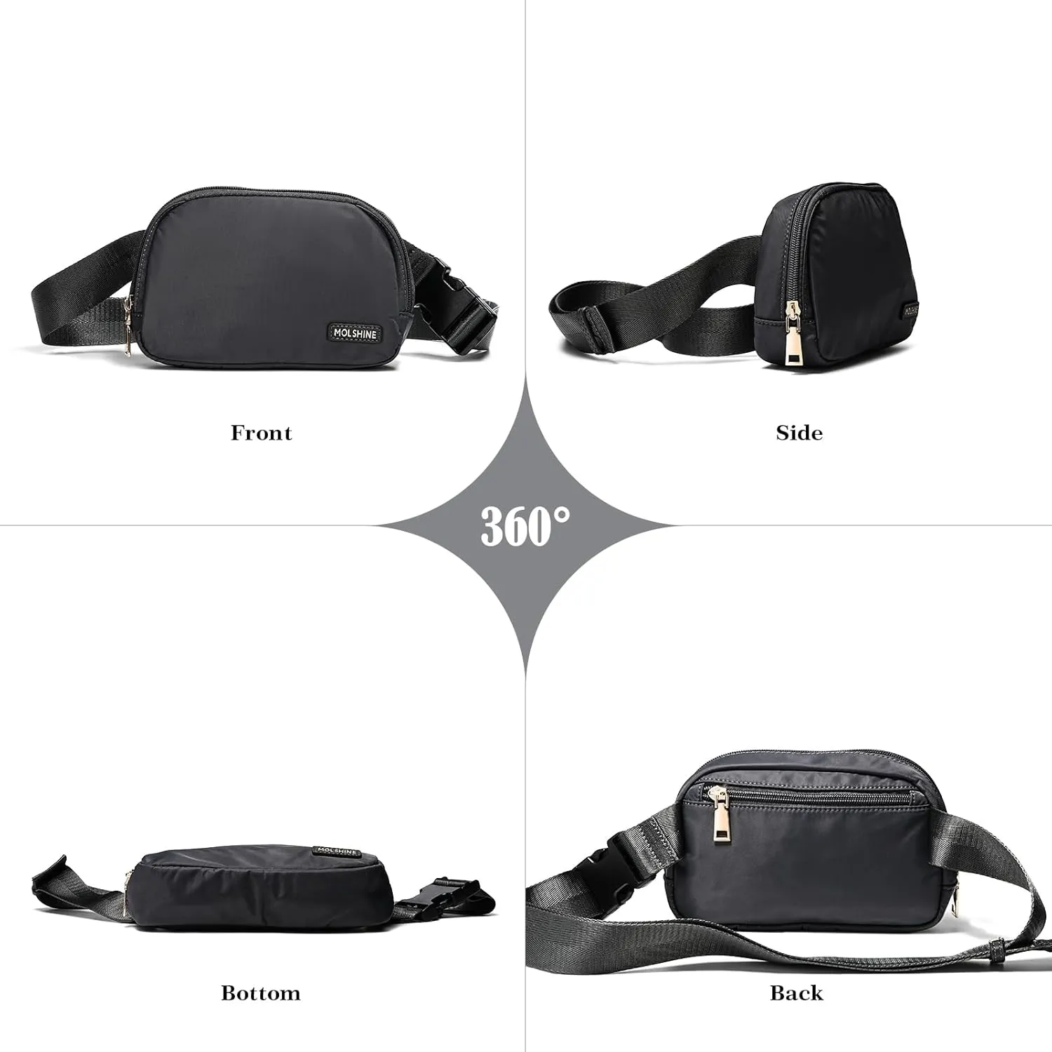 MOLSHINE Sports Fanny Pack, Nylon Everywhere Belt Bag for Women, Water Repellent Waist Packs, Crossbody Bags with Adjustable Strap (Dark Grey)