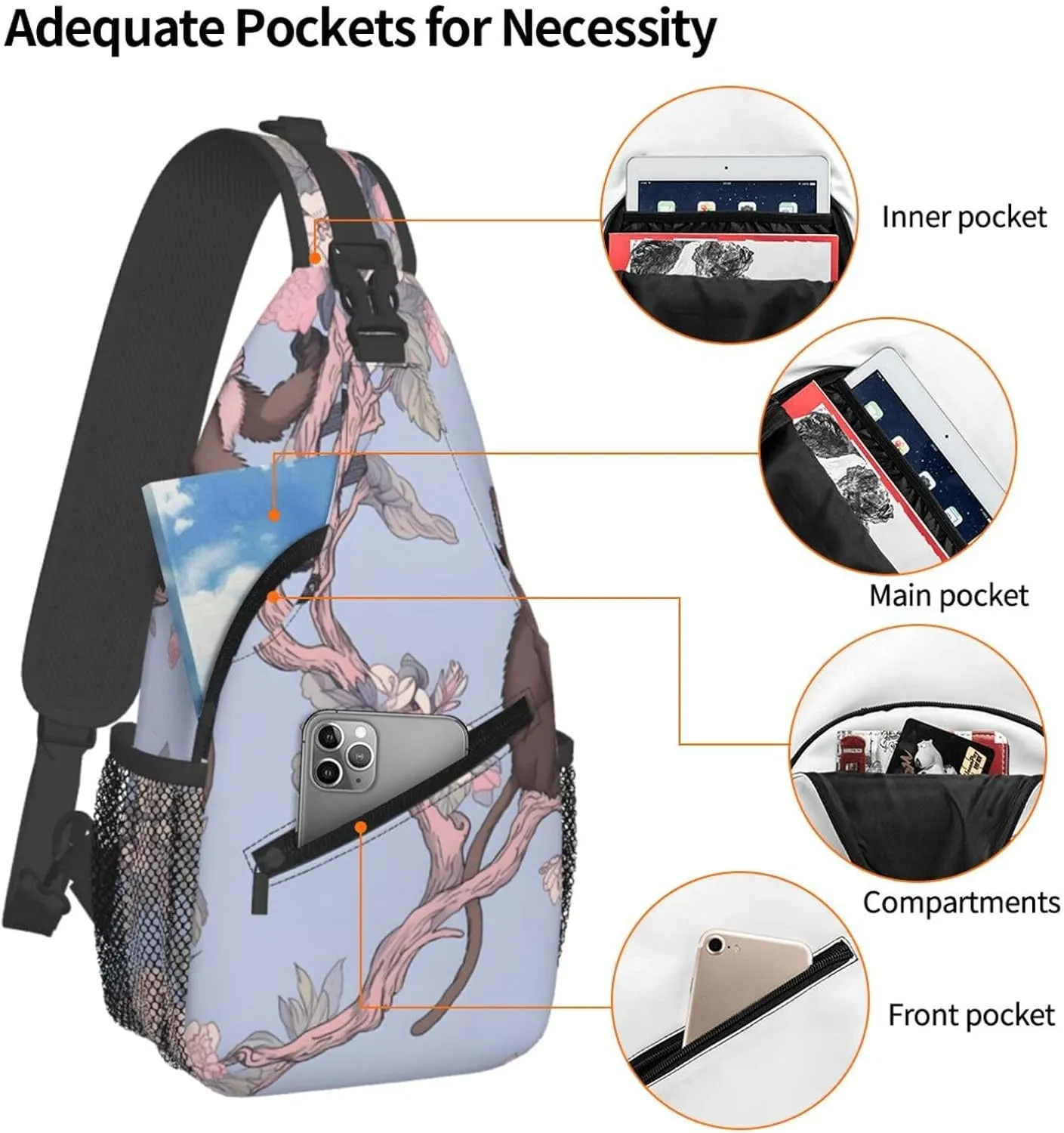 Monkey Flower Sling Bag Crossbody Bag for Men Women, Daypack Chest Backpack Shoulder Bag for Travle Hiking