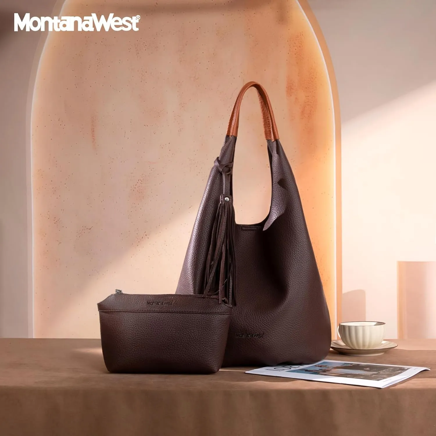 Montana West Hobo Bags for Women Slouchy Handbags 2PCS Tassels Shoulder Bag with Comestic Bag