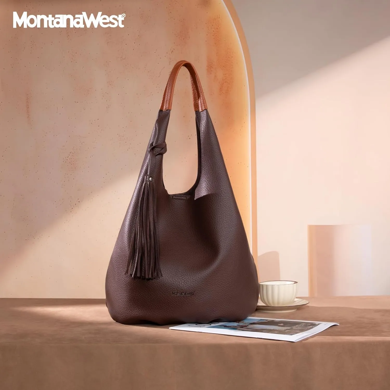 Montana West Hobo Bags for Women Slouchy Handbags 2PCS Tassels Shoulder Bag with Comestic Bag