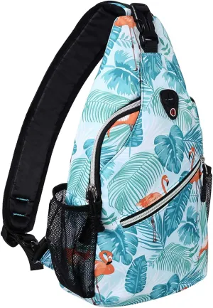 MOSISO Sling Backpack,Travel Hiking Daypack Pattern Rope Crossbody Shoulder Bag, Flamingo