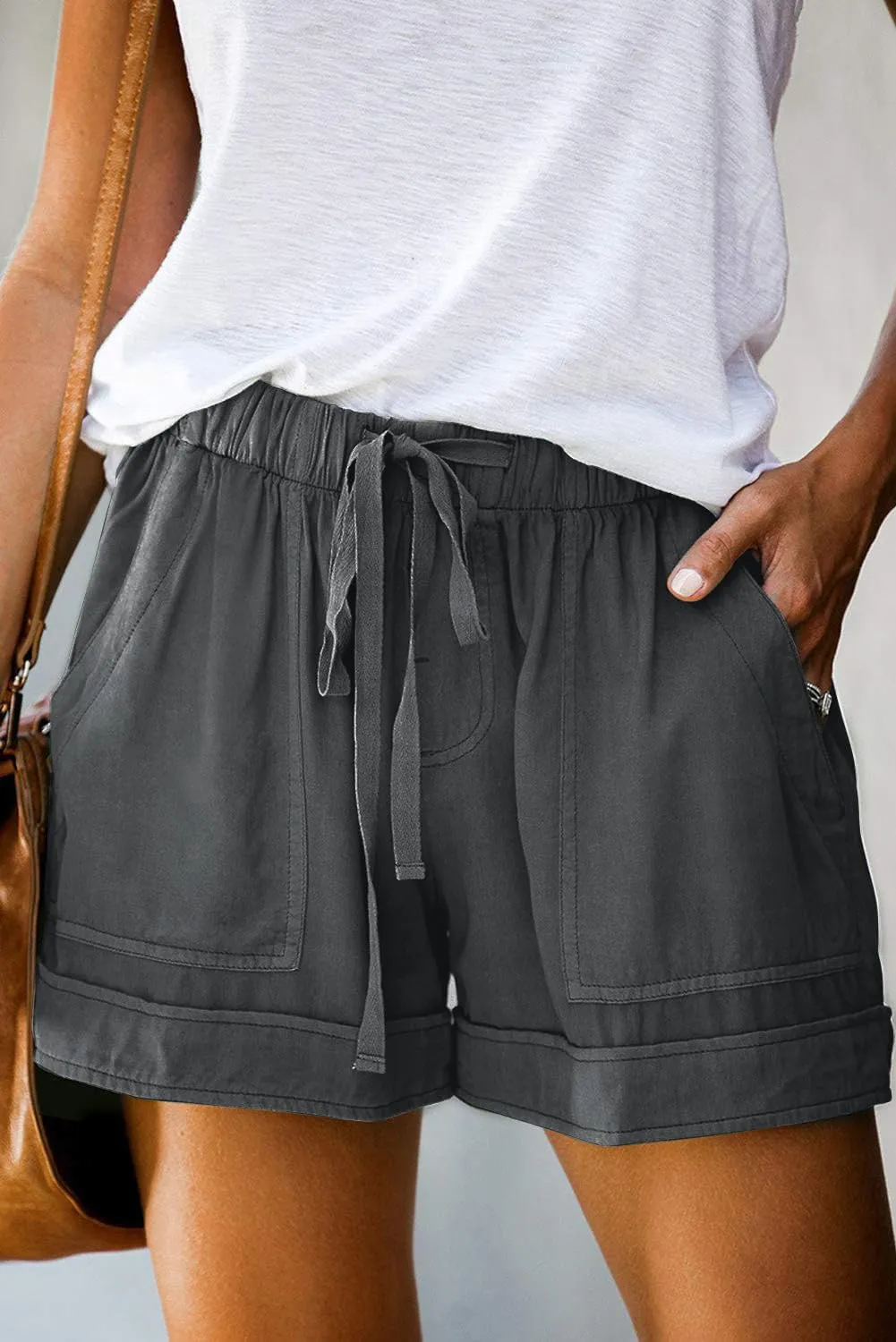 Mosucoirl Women Comfy Drawstring Casual Elastic Waist Pure Color Shorts Summer Beach Lightweight Short Pants with Pockets