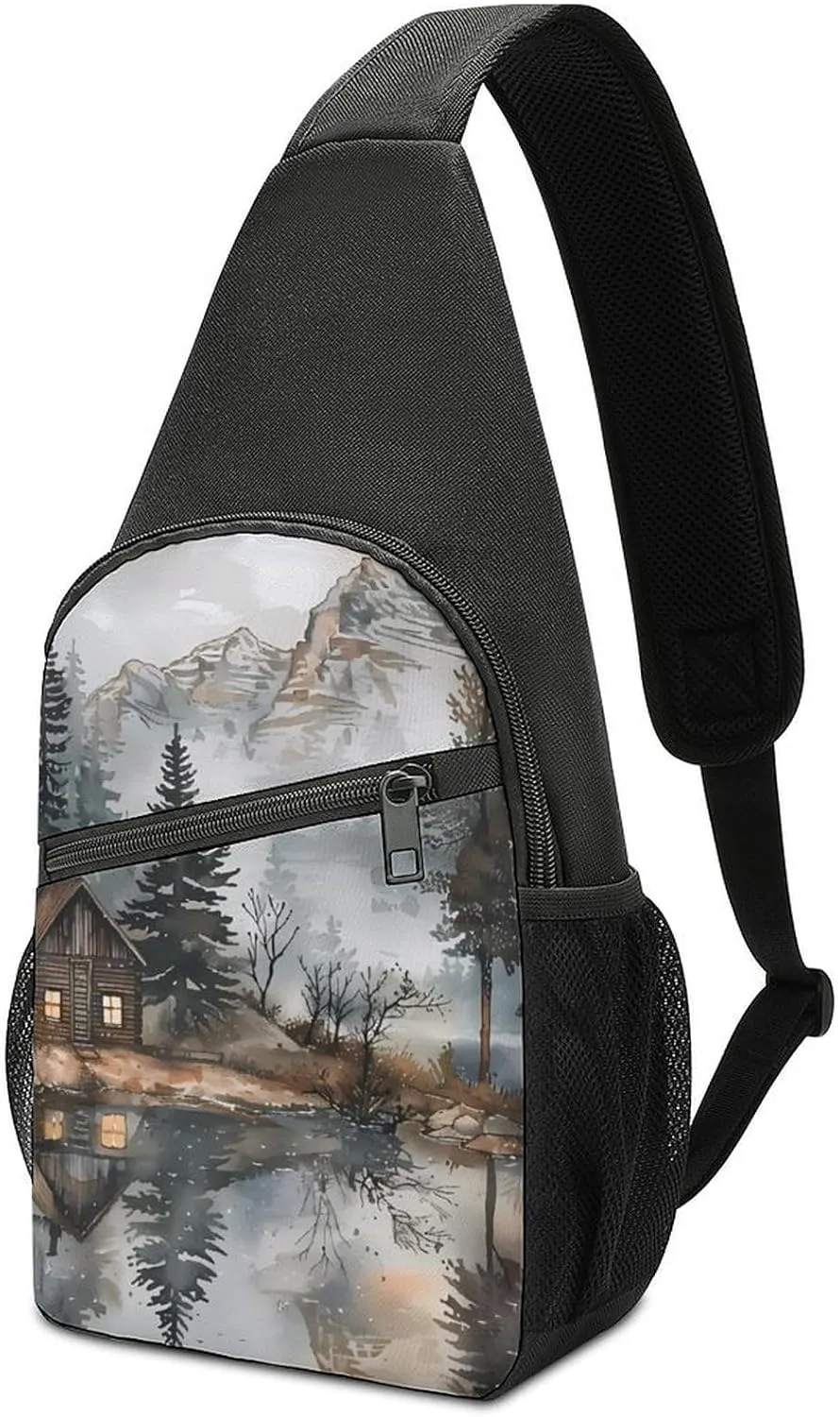 Mountain Hut by The Lake Chest Bag for Men Small Sling Backpack Crossbody Sling Bags for Outdoors Hiking Traveling