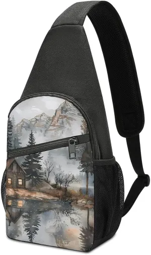Mountain Hut by The Lake Chest Bag for Men Small Sling Backpack Crossbody Sling Bags for Outdoors Hiking Traveling