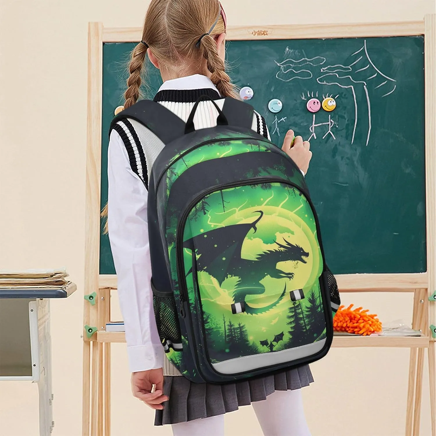 Multi-Compartment Student Shoulder Bag Backpack Forest Giant Dragon School Bags for Boys Girls with Reflective Stripes Large Capacity Printing Backpack