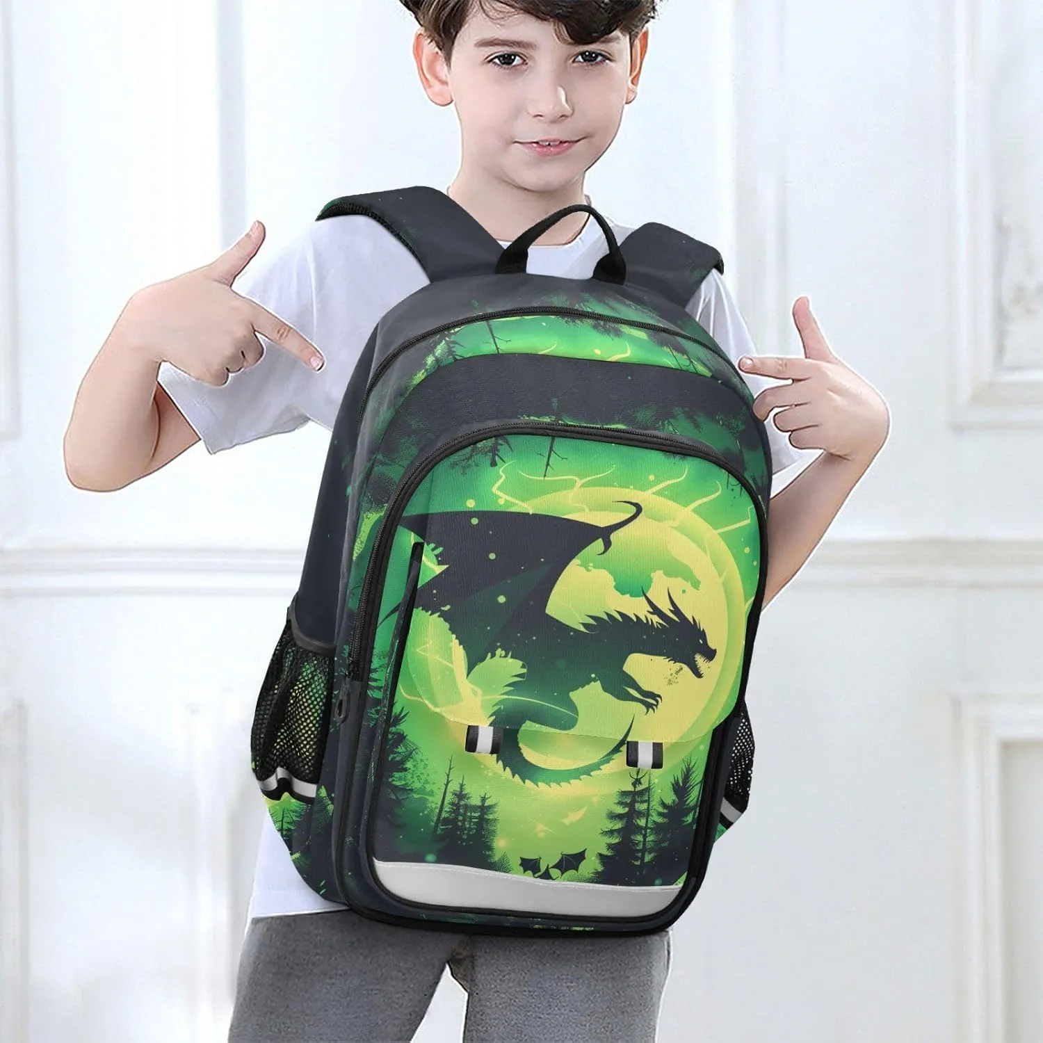 Multi-Compartment Student Shoulder Bag Backpack Forest Giant Dragon School Bags for Boys Girls with Reflective Stripes Large Capacity Printing Backpack