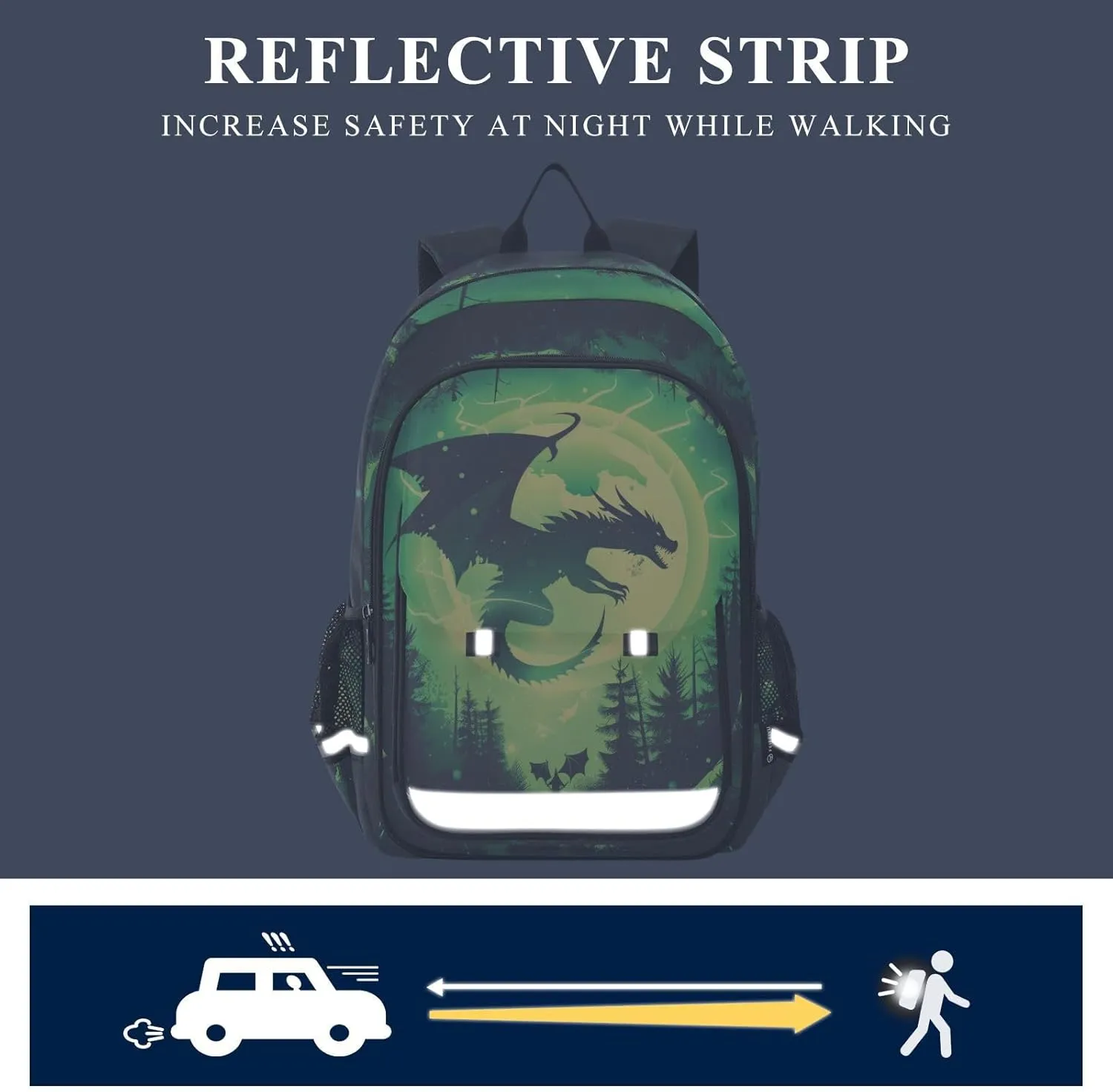 Multi-Compartment Student Shoulder Bag Backpack Forest Giant Dragon School Bags for Boys Girls with Reflective Stripes Large Capacity Printing Backpack