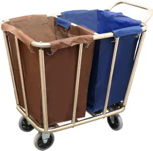 Multi-Function Storage Trolley Organizer Cart Metal Laundry Hamper 2 Section with Handle/Removable Bag/ 6 Inch Wheels, Commercial Hotel Mote