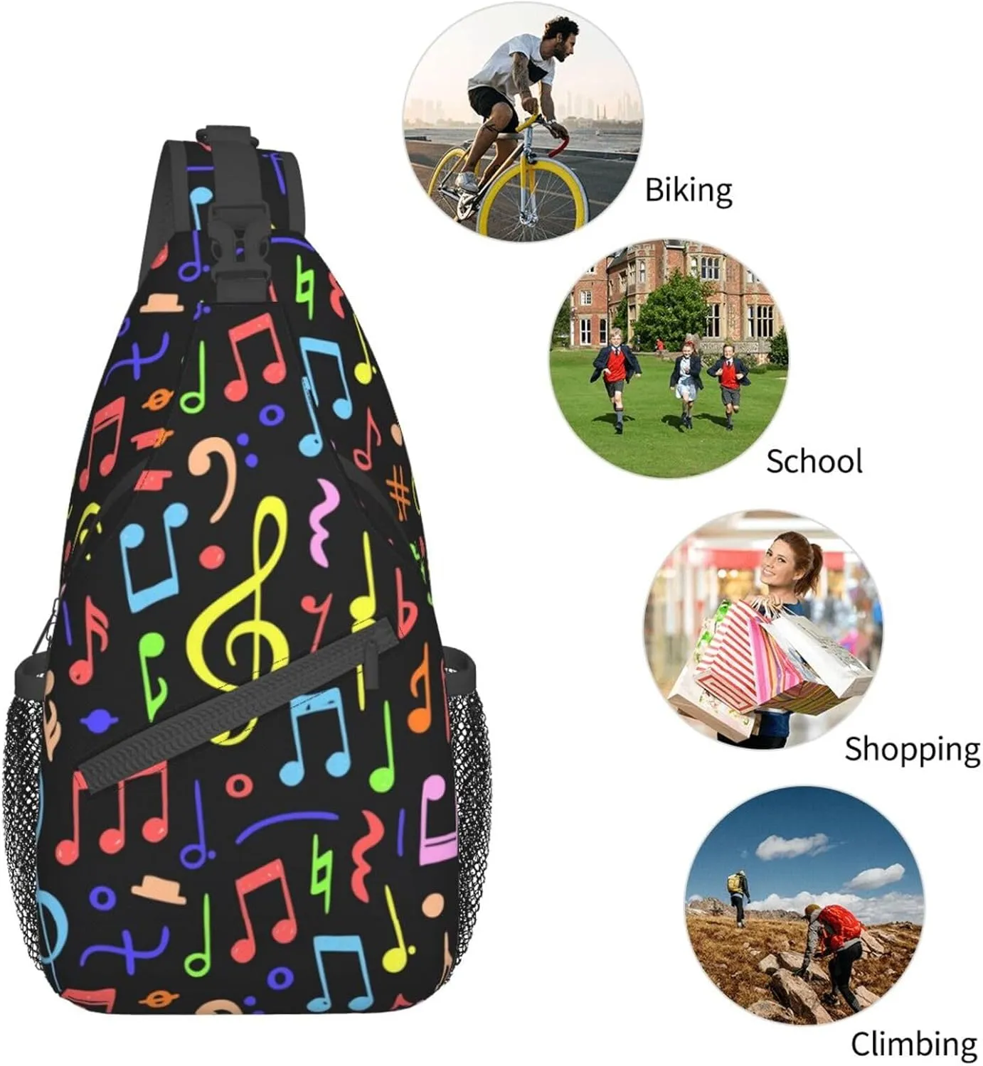 Music Note Piano Keys Sling Bag, Fashion Crossbody Backpack Shoulder Bag Chest Bag for Men Women Hiking Travel