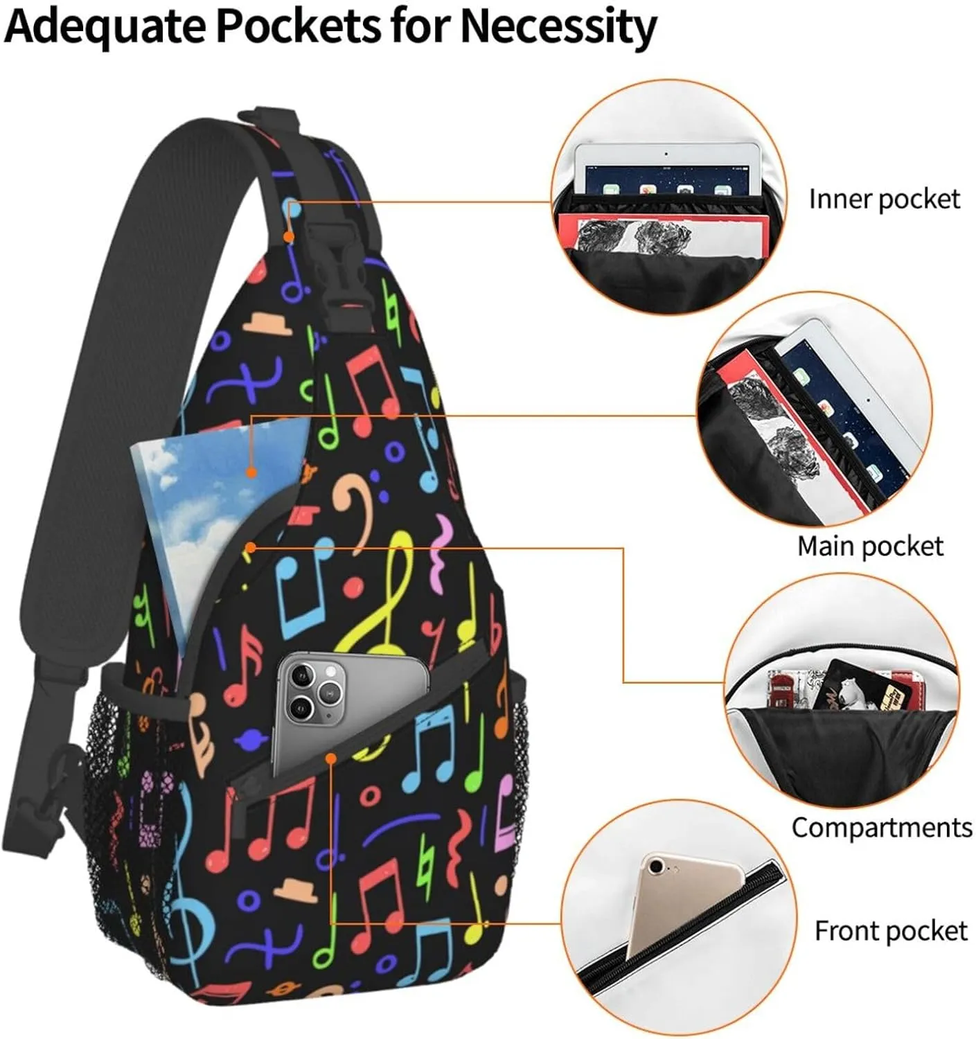 Music Note Piano Keys Sling Bag, Fashion Crossbody Backpack Shoulder Bag Chest Bag for Men Women Hiking Travel