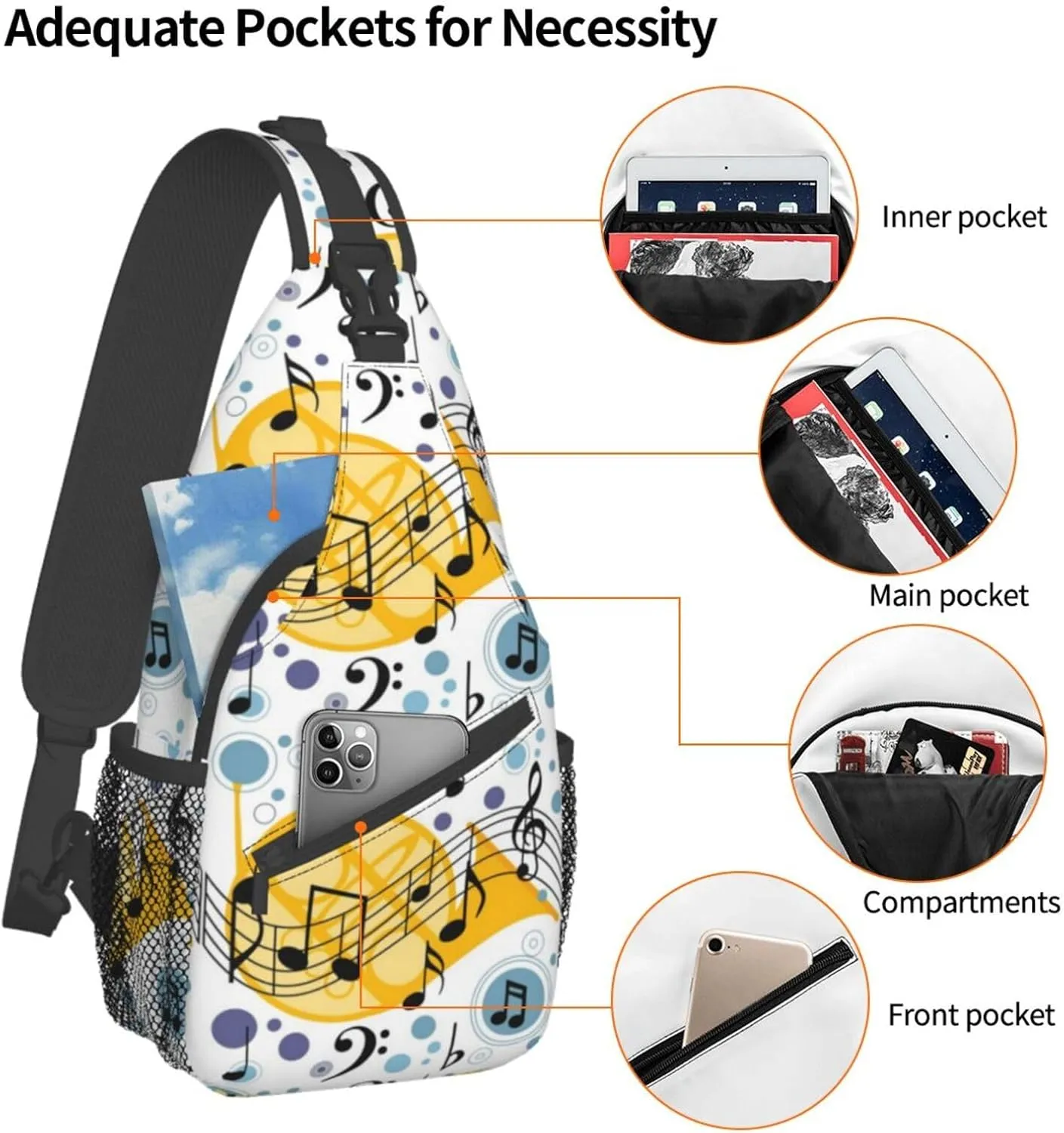 Music Note Piano Keys Sling Bag, Fashion Crossbody Backpack Shoulder Bag Chest Bag for Men Women Hiking Travel