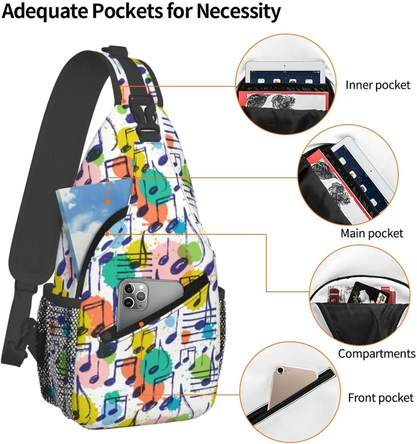 Music Note Sling Bag Cute Piano Crossbody Backpack Shoulder Chest Bags for Men Women Runners Cycling Travel Walking