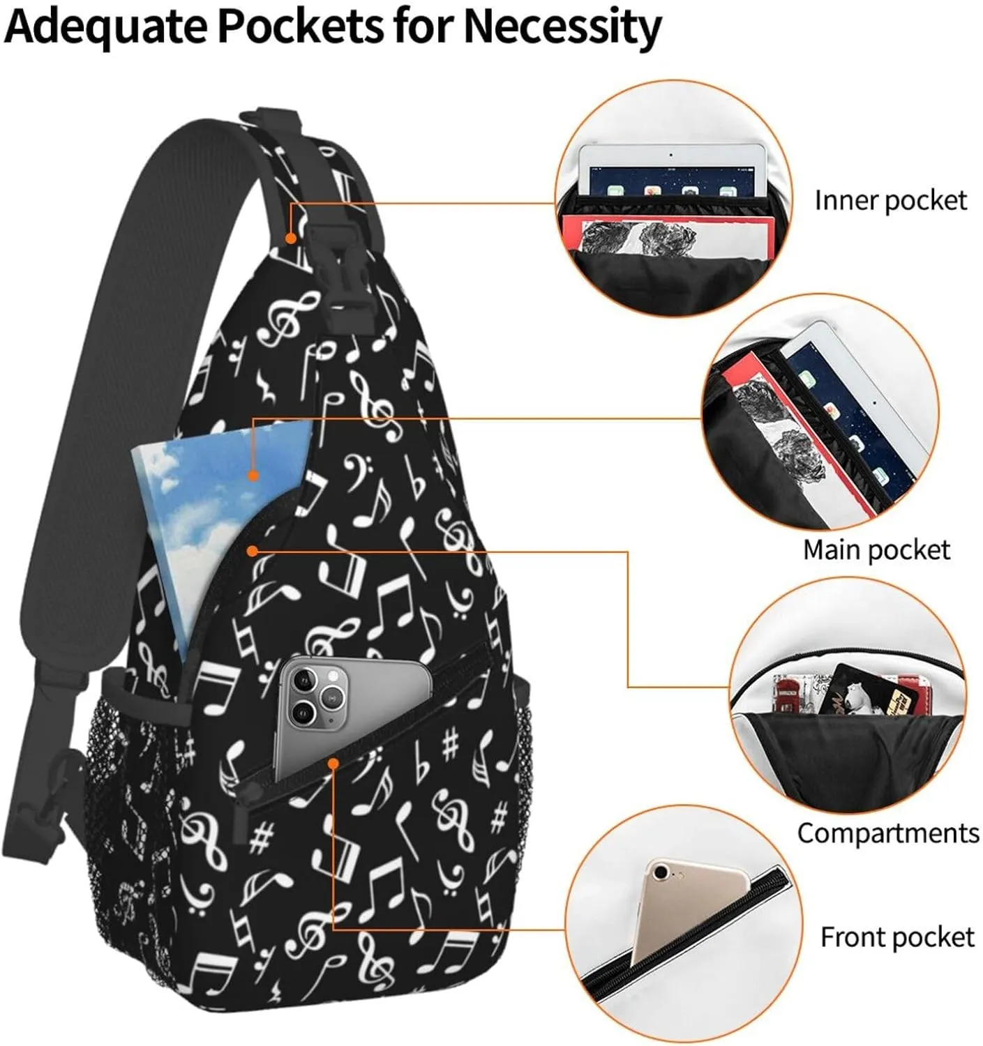 Music Note Sling Bag Cute Piano Crossbody Backpack Shoulder Chest Bags for Men Women Runners Cycling Travel Walking