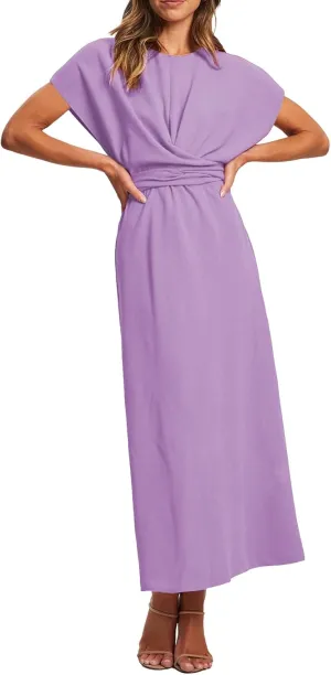 MyFav Women's Formal Dresses Batwing Elegant Tie Elastic Waist Front Wrap Maxi Wedding Guest Cocktail Party Dresses