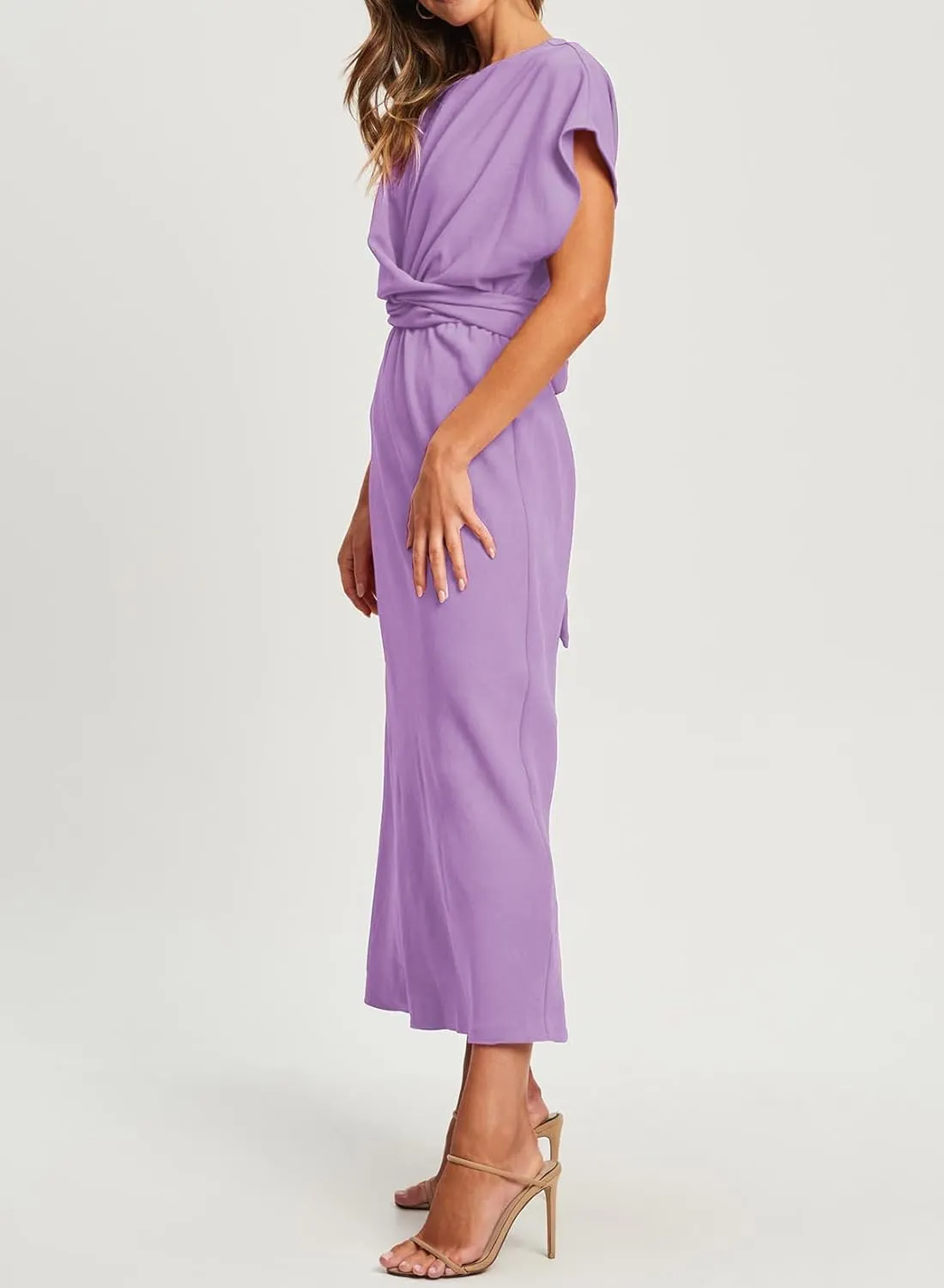 MyFav Women's Formal Dresses Batwing Elegant Tie Elastic Waist Front Wrap Maxi Wedding Guest Cocktail Party Dresses