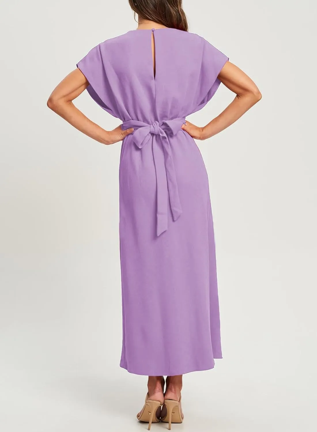 MyFav Women's Formal Dresses Batwing Elegant Tie Elastic Waist Front Wrap Maxi Wedding Guest Cocktail Party Dresses