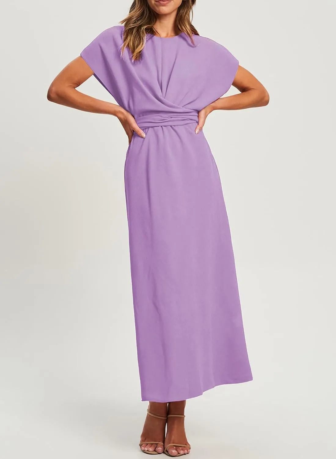 MyFav Women's Formal Dresses Batwing Elegant Tie Elastic Waist Front Wrap Maxi Wedding Guest Cocktail Party Dresses