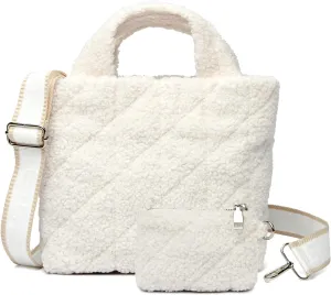 MYHOZEE Small Sherpa Tote Bag, Flurry Crossbody Bags for Women Quilted Fleece Purse Fuzzy Plush Winter Handbags