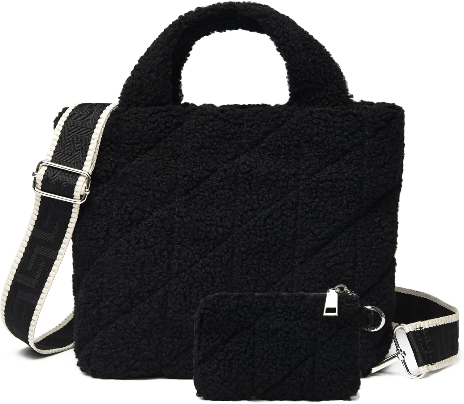 MYHOZEE Small Sherpa Tote Bag, Flurry Crossbody Bags for Women Quilted Fleece Purse Fuzzy Plush Winter Handbags