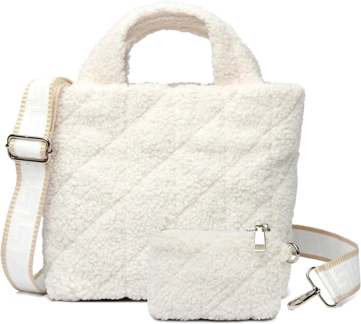 MYHOZEE Small Sherpa Tote Bag, Flurry Crossbody Bags for Women Quilted Fleece Purse Fuzzy Plush Winter Handbags