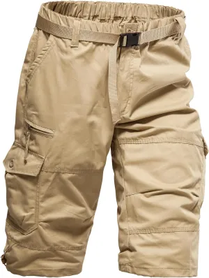 Mylldey Men's Cargo Shorts 3/4 Relaxed Fit Mens Running Shorts 7 Pockets Elastic Waist Cotton Hiking Shorts