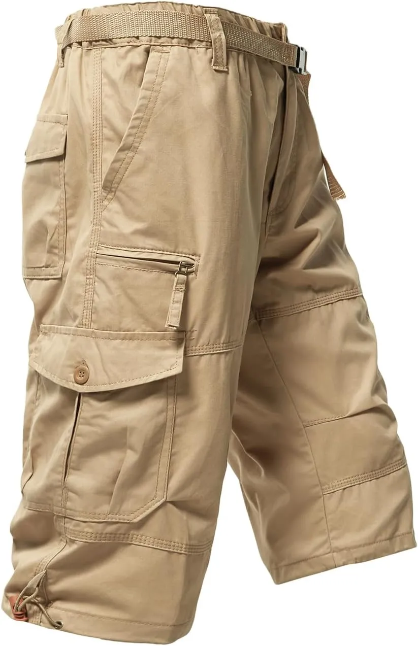 Mylldey Men's Cargo Shorts 3/4 Relaxed Fit Mens Running Shorts 7 Pockets Elastic Waist Cotton Hiking Shorts
