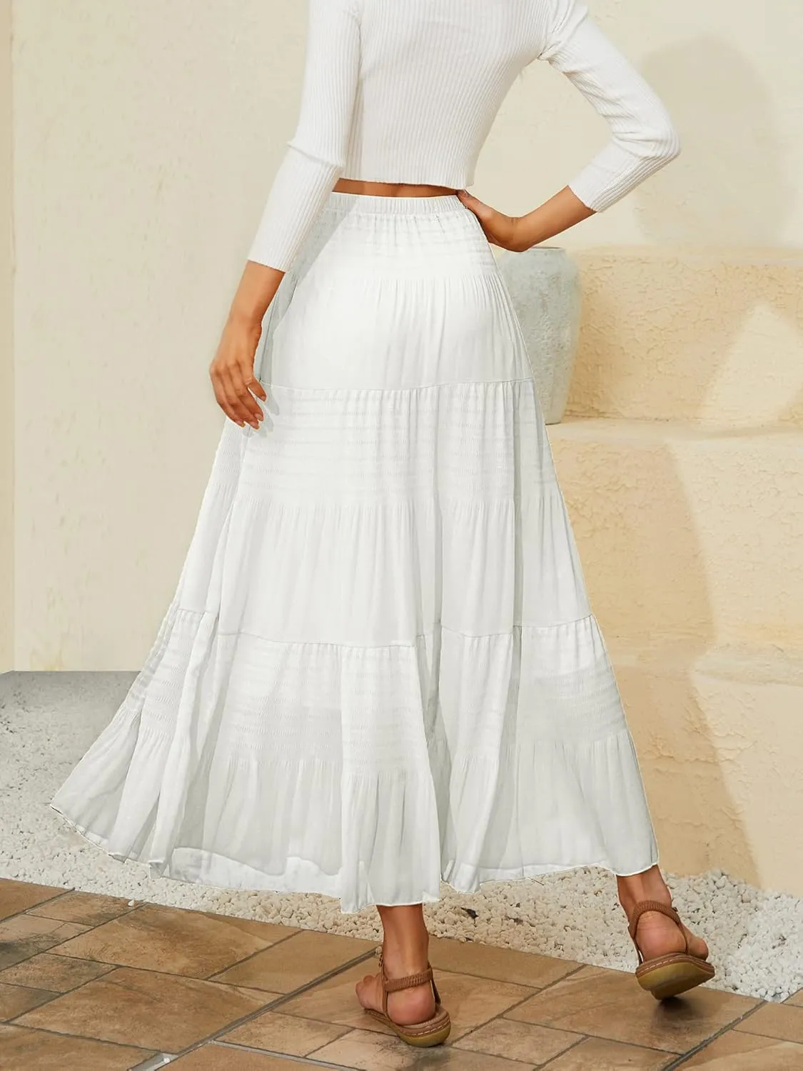 NASHALYLY Women's Chiffon Elastic High Waist Pleated A-Line Flared Maxi Skirts