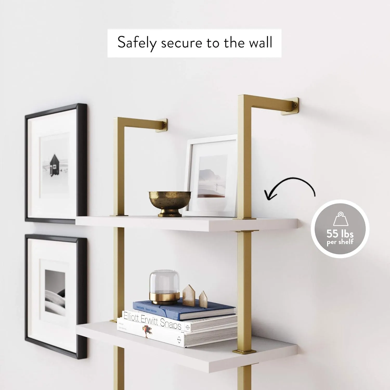 Nathan James Theo 5-Shelf Modern Bookcase, Open Wall Mount Ladder Bookshelf with Industrial Metal Frame, White/Gold