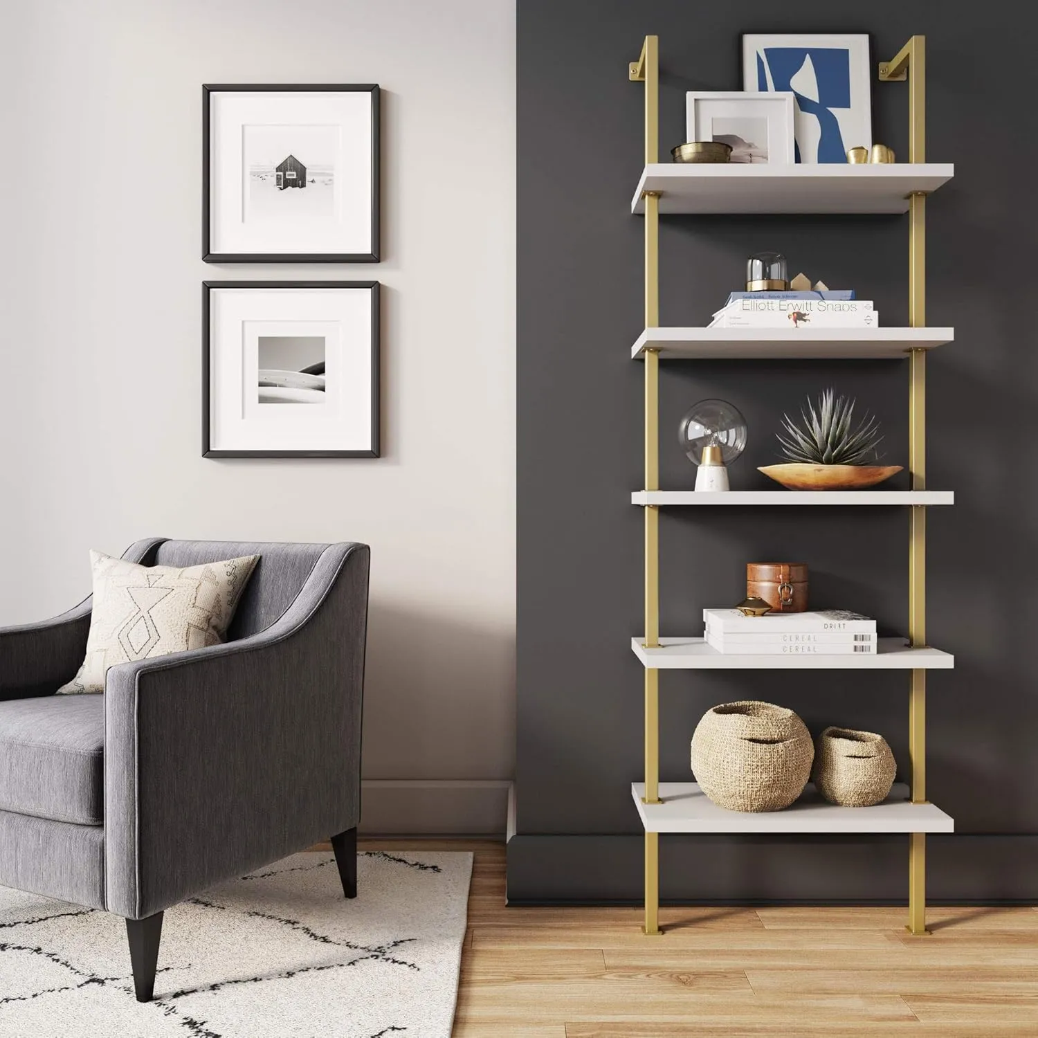 Nathan James Theo 5-Shelf Modern Bookcase, Open Wall Mount Ladder Bookshelf with Industrial Metal Frame, White/Gold