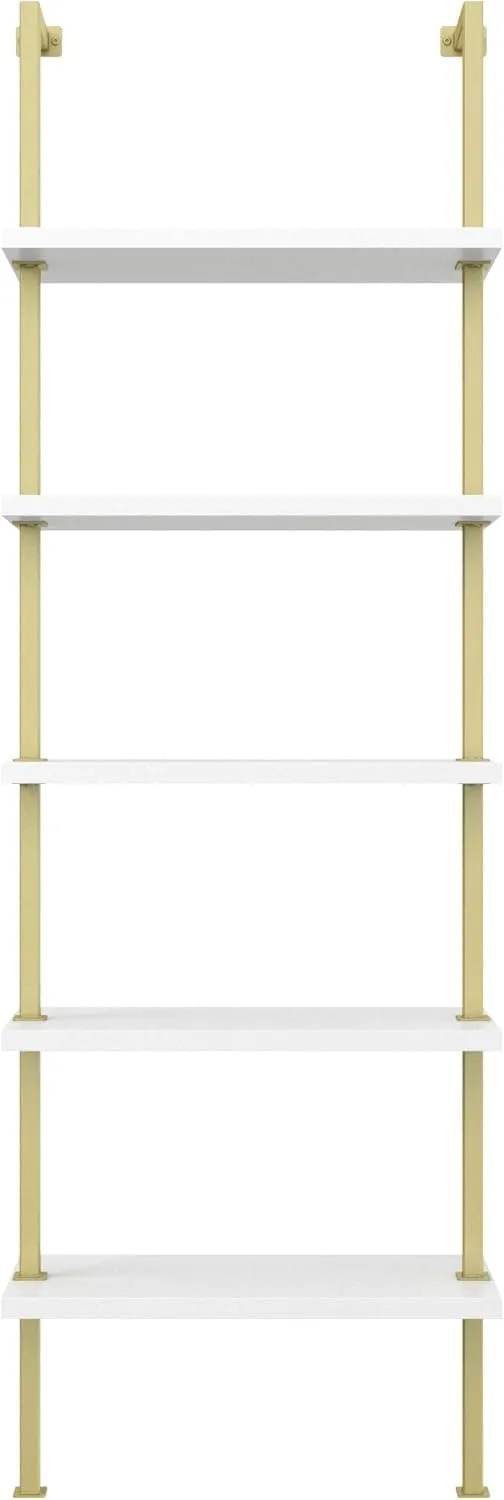 Nathan James Theo 5-Shelf Modern Bookcase, Open Wall Mount Ladder Bookshelf with Industrial Metal Frame, White/Gold