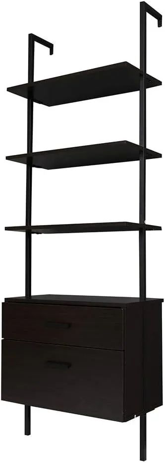 Nathan James Theo Industrial Bookshelf with Wood Drawers and Matte Steel Frame, 3-Shelf, Nutmeg/Black