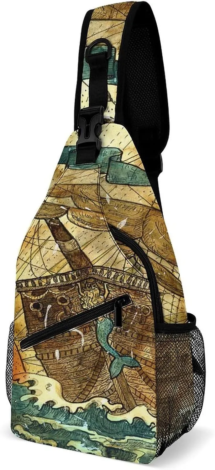 Nautical Sea Map Compass Sailing Ship Sling Bags Men And Women Shoulder Backpack Chest Bag Cross Body Chest Sling Backpack.