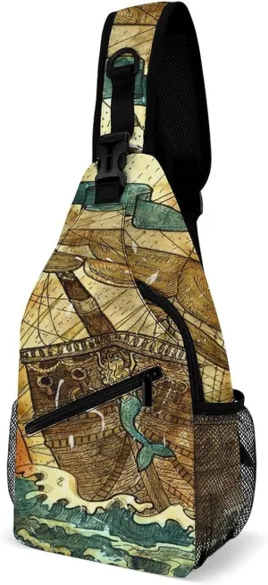 Nautical Sea Map Compass Sailing Ship Sling Bags Men And Women Shoulder Backpack Chest Bag Cross Body Chest Sling Backpack.