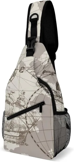 Nautical Sea Map Compass Sailing Ship Sling Bags Men And Women Shoulder Backpack Chest Bag Cross Body Chest Sling Backpack.