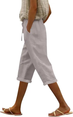 NBXNZWF Women's Linen Capri Pants Casual Elastic Drawstring Waist Lounge Pants Relaxed Fit Cropped Trousers with Pockets