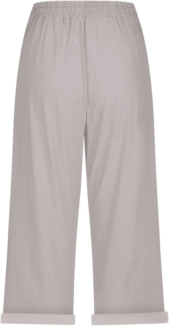 NBXNZWF Women's Linen Capri Pants Casual Elastic Drawstring Waist Lounge Pants Relaxed Fit Cropped Trousers with Pockets