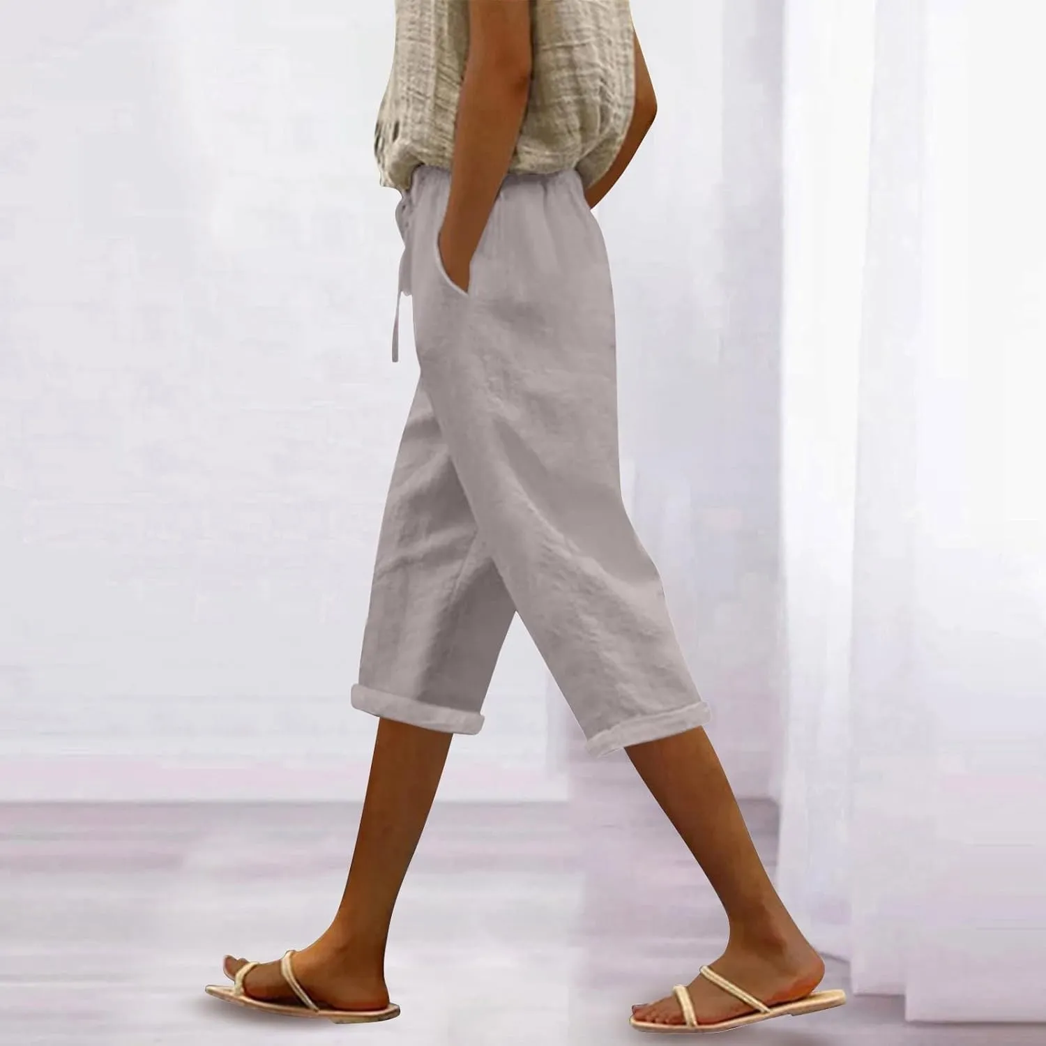 NBXNZWF Women's Linen Capri Pants Casual Elastic Drawstring Waist Lounge Pants Relaxed Fit Cropped Trousers with Pockets