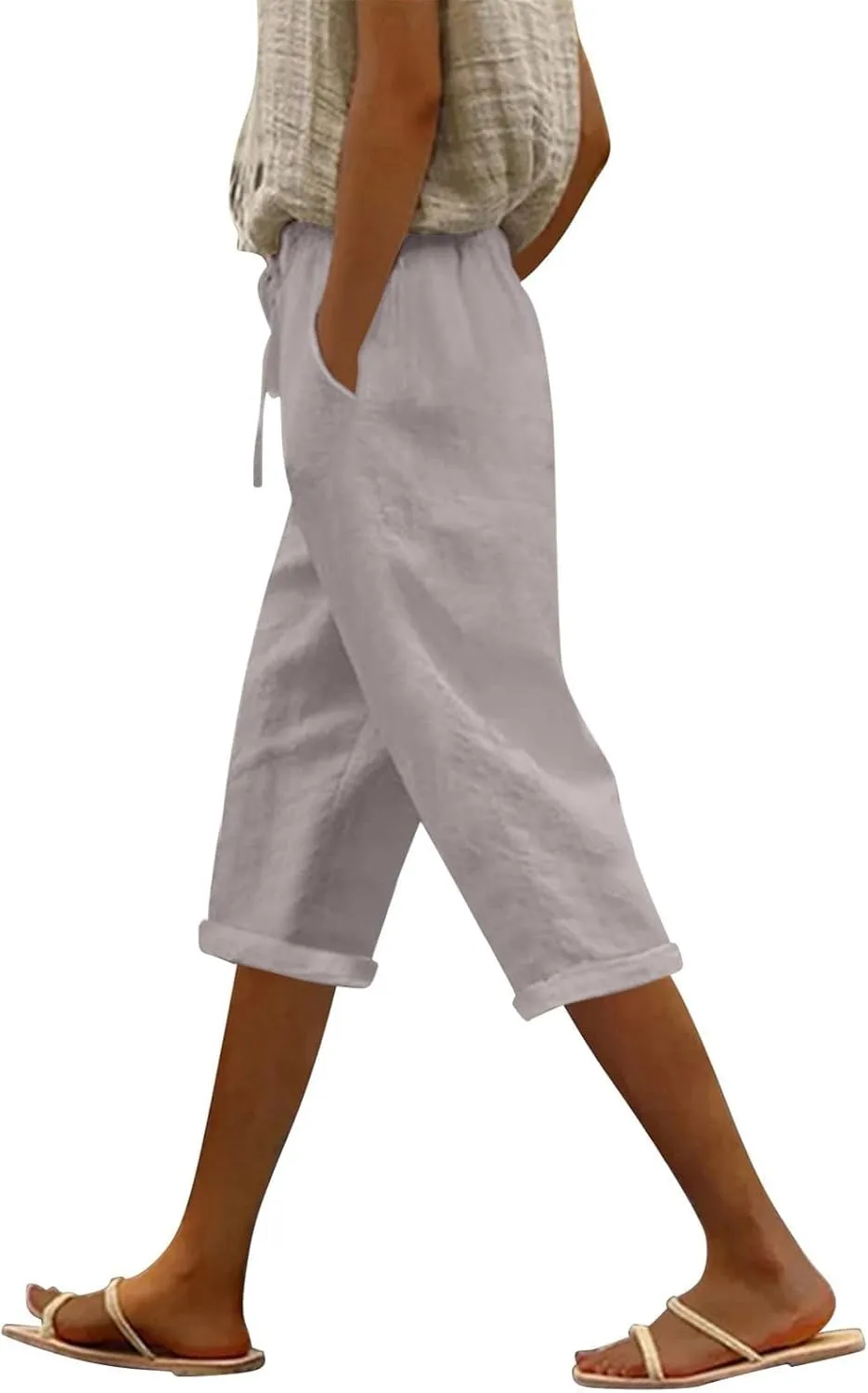 NBXNZWF Women's Linen Capri Pants Casual Elastic Drawstring Waist Lounge Pants Relaxed Fit Cropped Trousers with Pockets