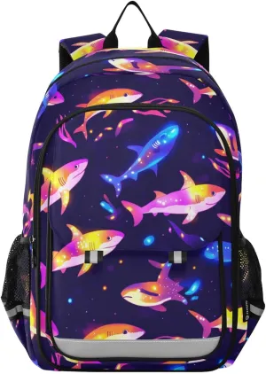 Neon Sharks Ocean Backpack for Boys Girls Elementary School Bag Kids Bookbag Travel Rucksack With Reflective Stripes