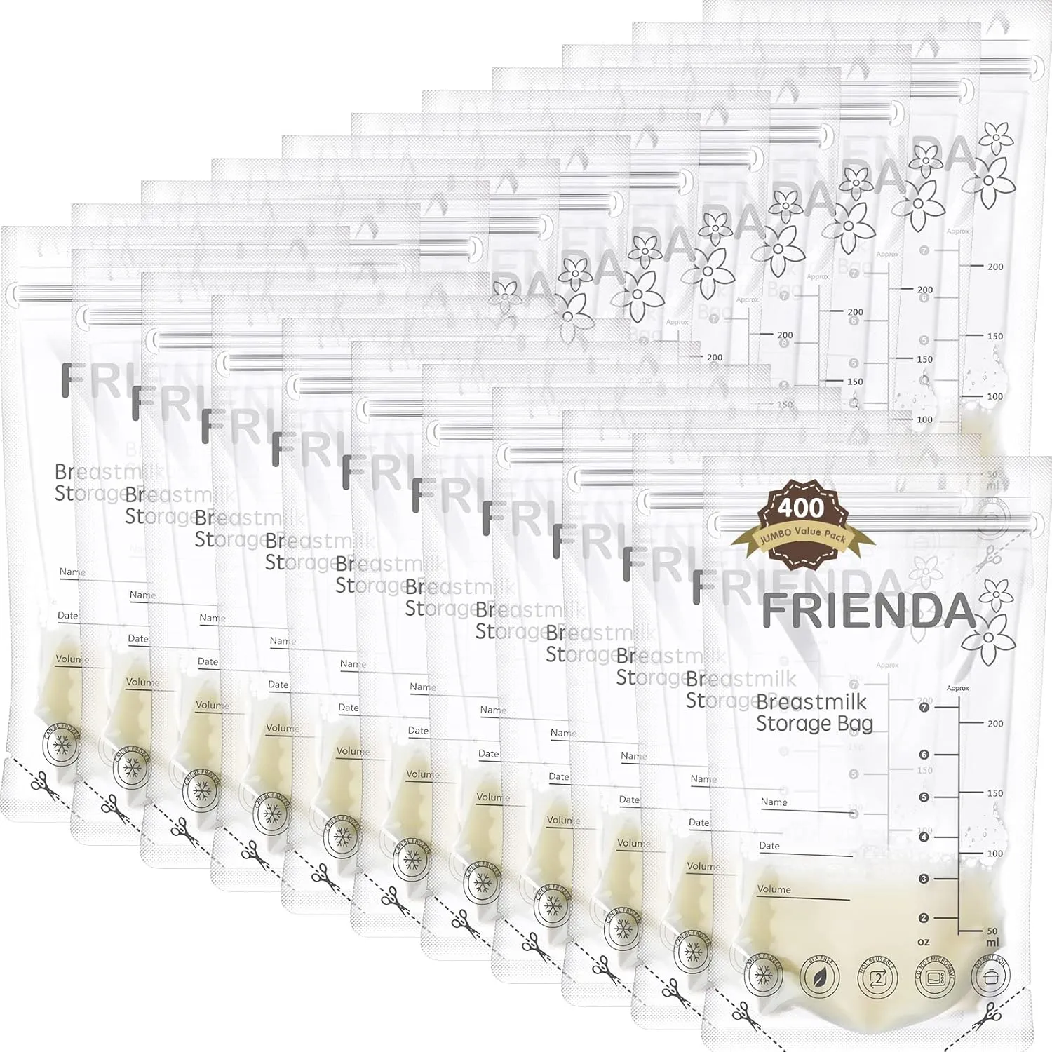 Newwiee 400 Count Breastmilk Storage Bags 7 oz No Leak Double Seal Breastfeeding Bags Breast Milk Storing Bags Self Standing Breast Milk Storage Bags for Breastmilk Refrigeration and Freezing