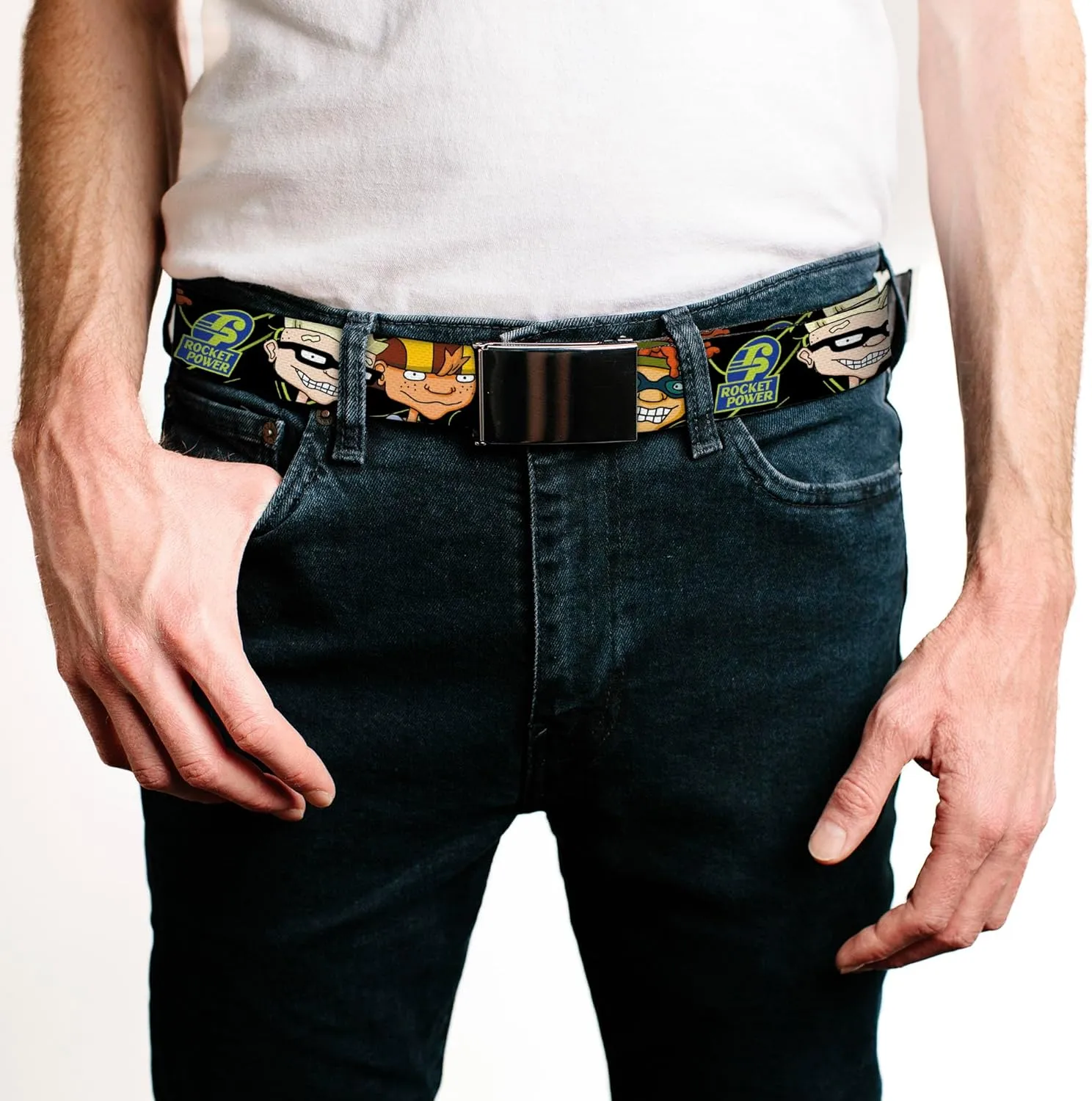 Nickelodeon Belt, Flip Web Belt Rocket Power Logo Character Faces Close Up Black Green Blue, Adjustable