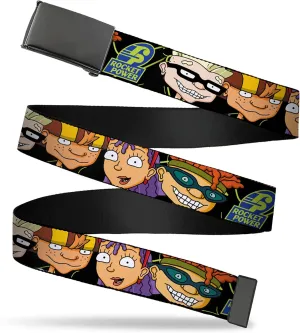 Nickelodeon Belt, Flip Web Belt Rocket Power Logo Character Faces Close Up Black Green Blue, Adjustable
