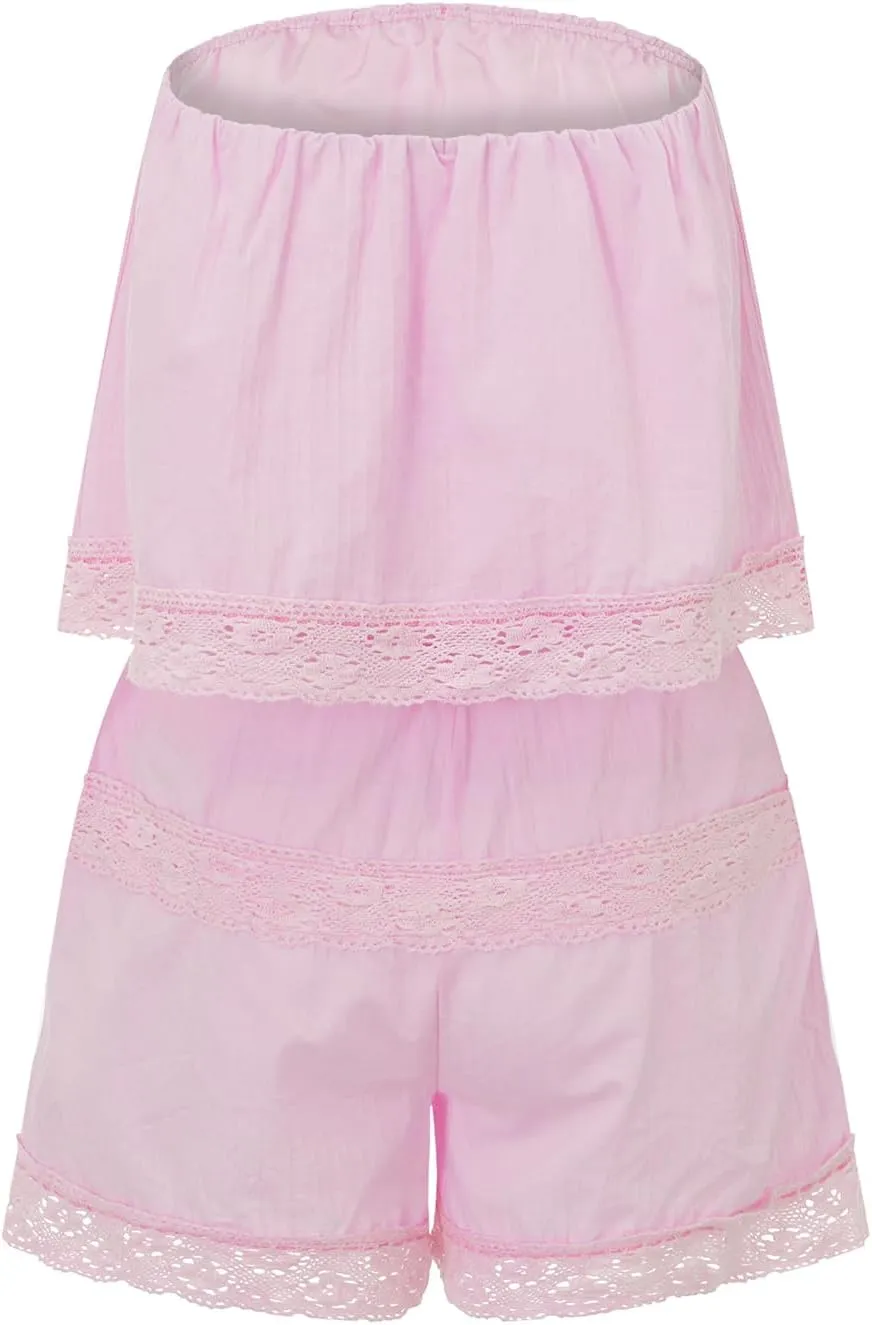 Nituyy Women Pink 2 Piece Shorts Set Off Shoulder Lace Trim Tube Tops Elastic Waist Casual Shorts 2 Piece Outfits