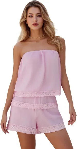 Nituyy Women Pink 2 Piece Shorts Set Off Shoulder Lace Trim Tube Tops Elastic Waist Casual Shorts 2 Piece Outfits